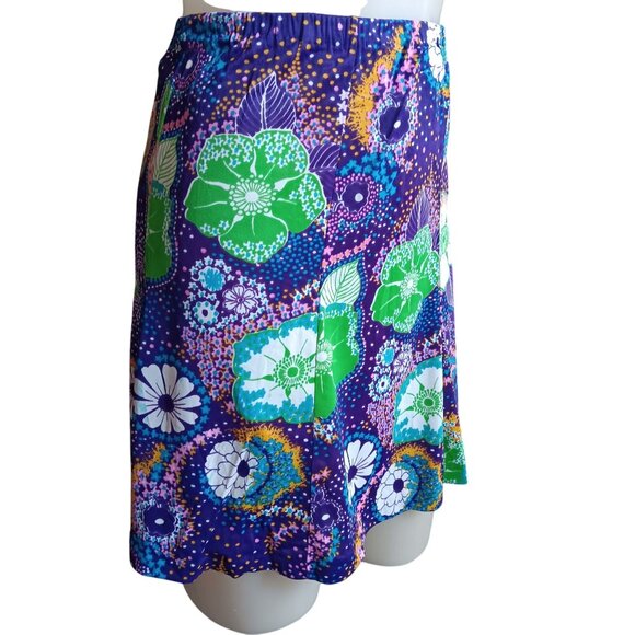 1OF1 Small True Vintage Mod Hippy Skirt Floral Elastic Waist Purple Green 1970's - Picture 3 of 5